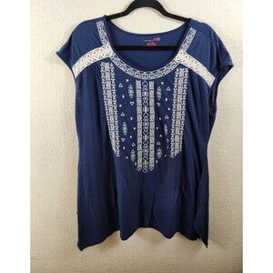 RXB Womens L Blue White Embroidered Cap Sleeve Scoop Neck Tunic Top